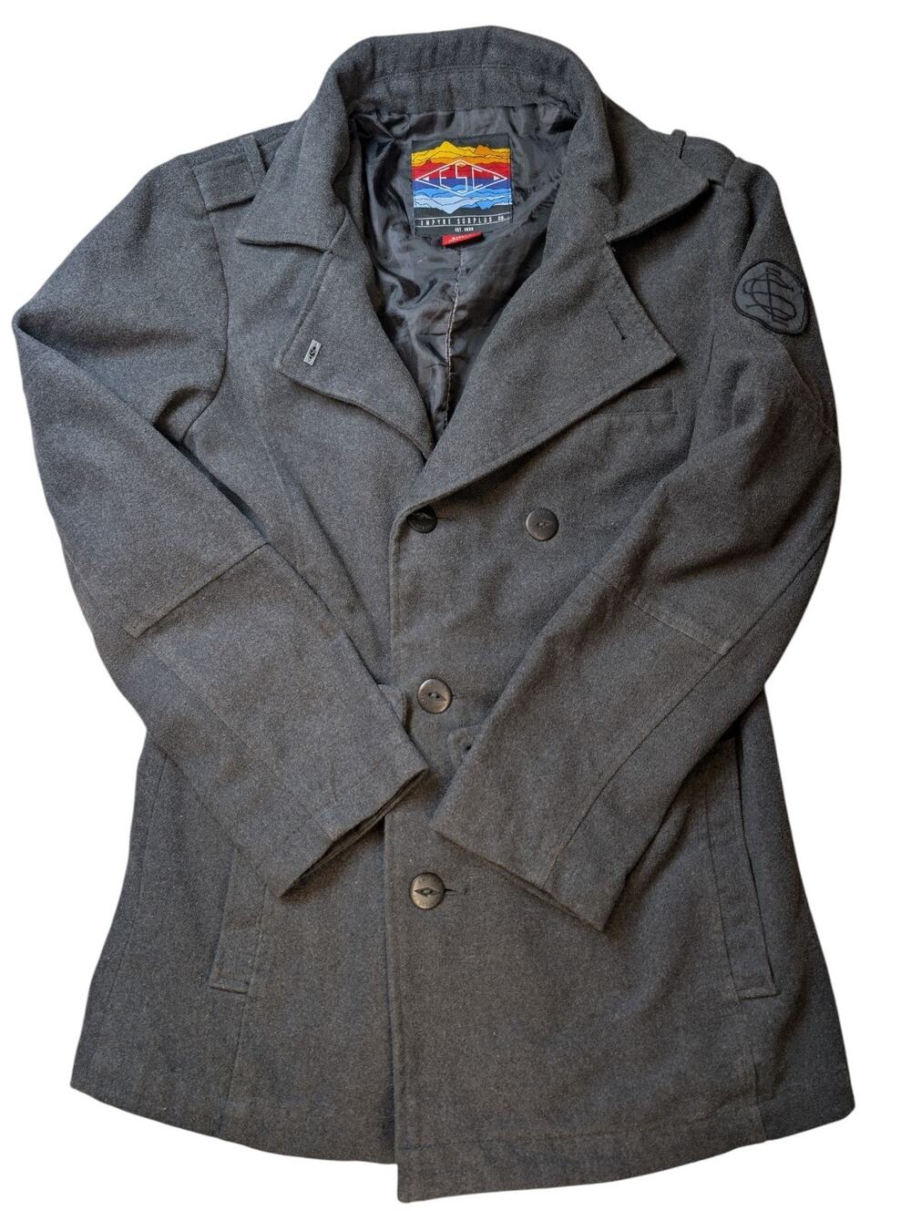 EMPYRE SURPLUS Co MEN'S CHARCOAL GRAY WOOL BLEND PEA COAT SIZE S Y2K